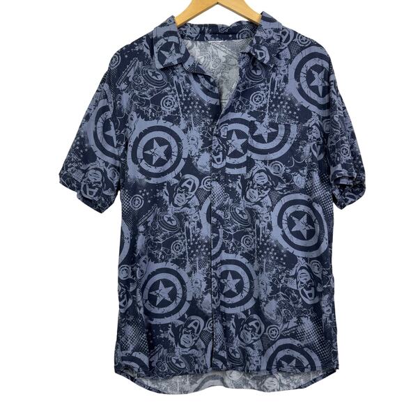 Marvel Captain America Hawaiian Button Down Short Sleeve Shirt - Picture 1 of 4
